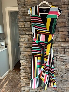 Madison Colorful Geometric Striped Crossover V-Neck Midi  Faux Wrap Dress size S